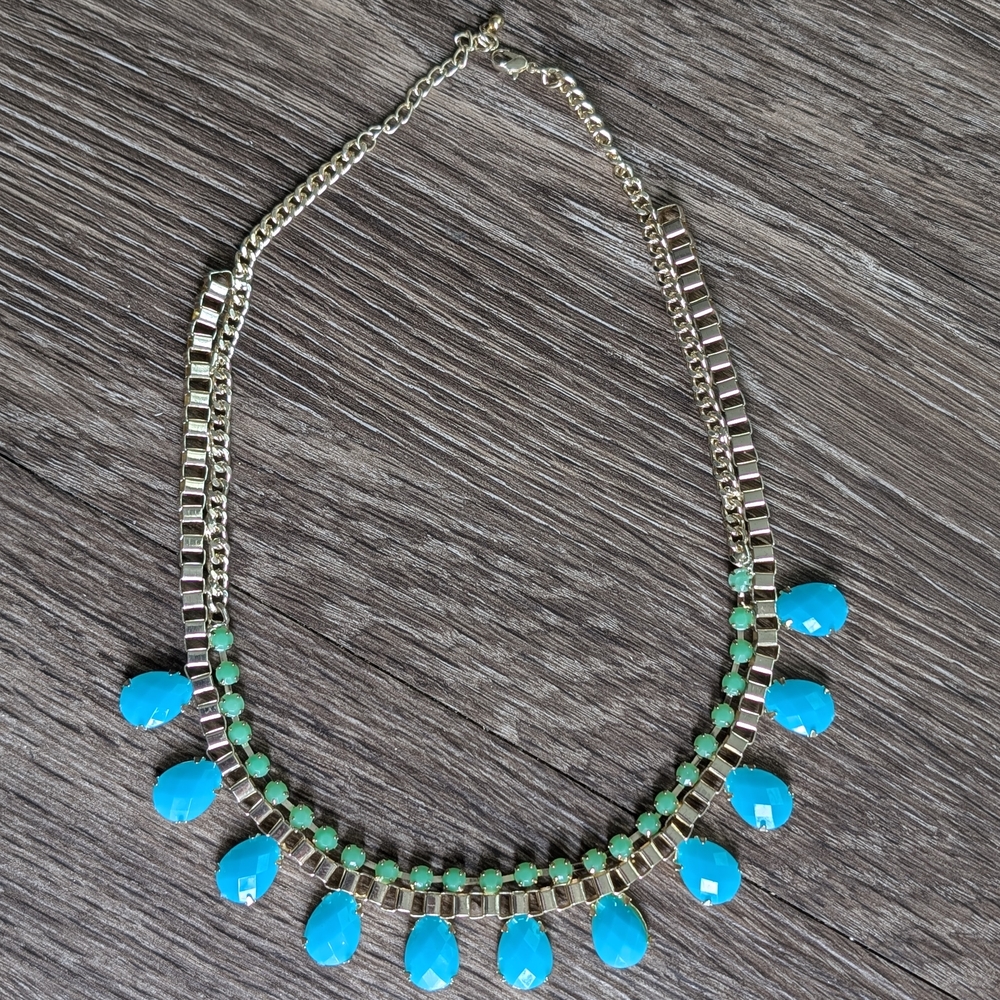 Blue and Green Necklace with Turquoise Accents and Fringe Design
